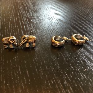 2 Pairs of Metalwork Earrings - Elephant and C Hoop